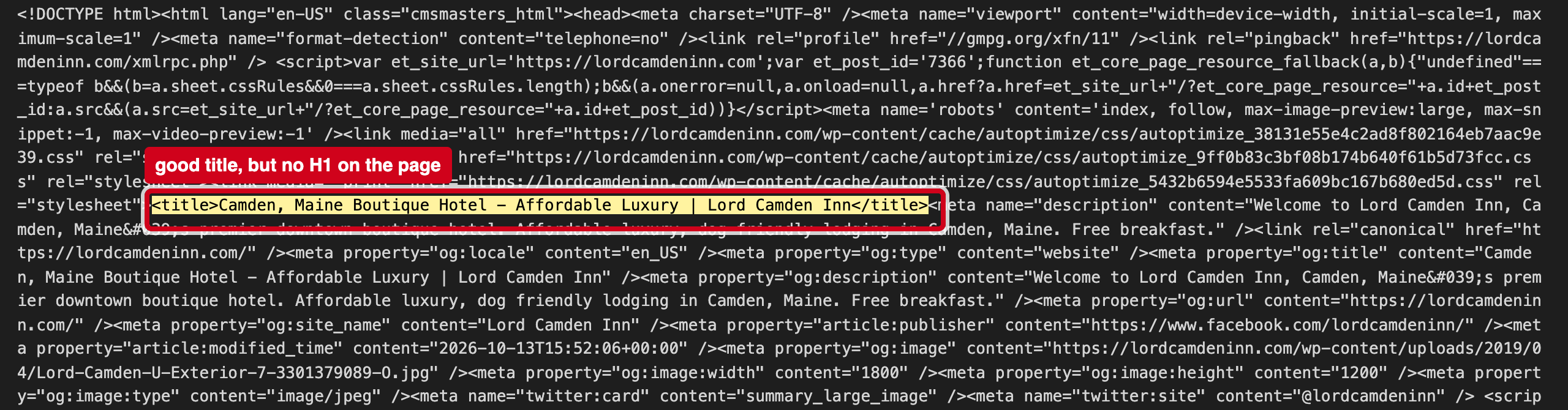Screenshot: The home page has no main (H1) heading