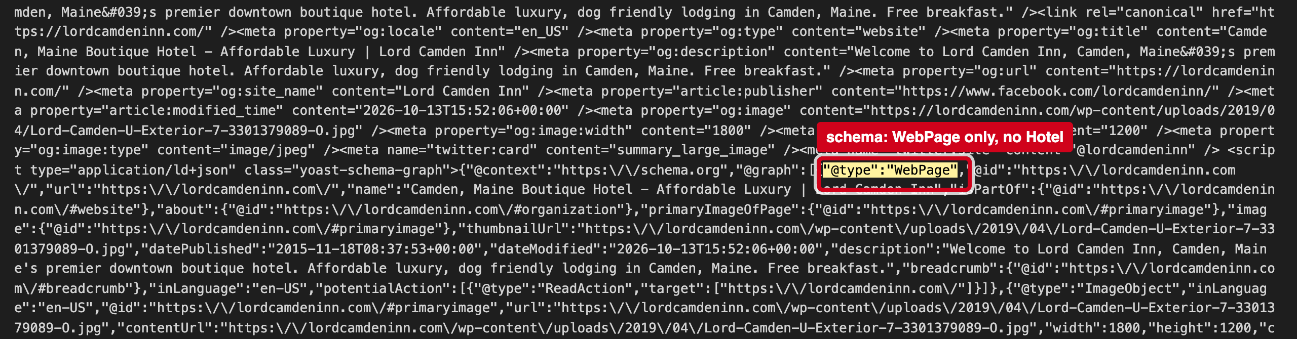 Screenshot: Your structured data describes a web page, not a hotel